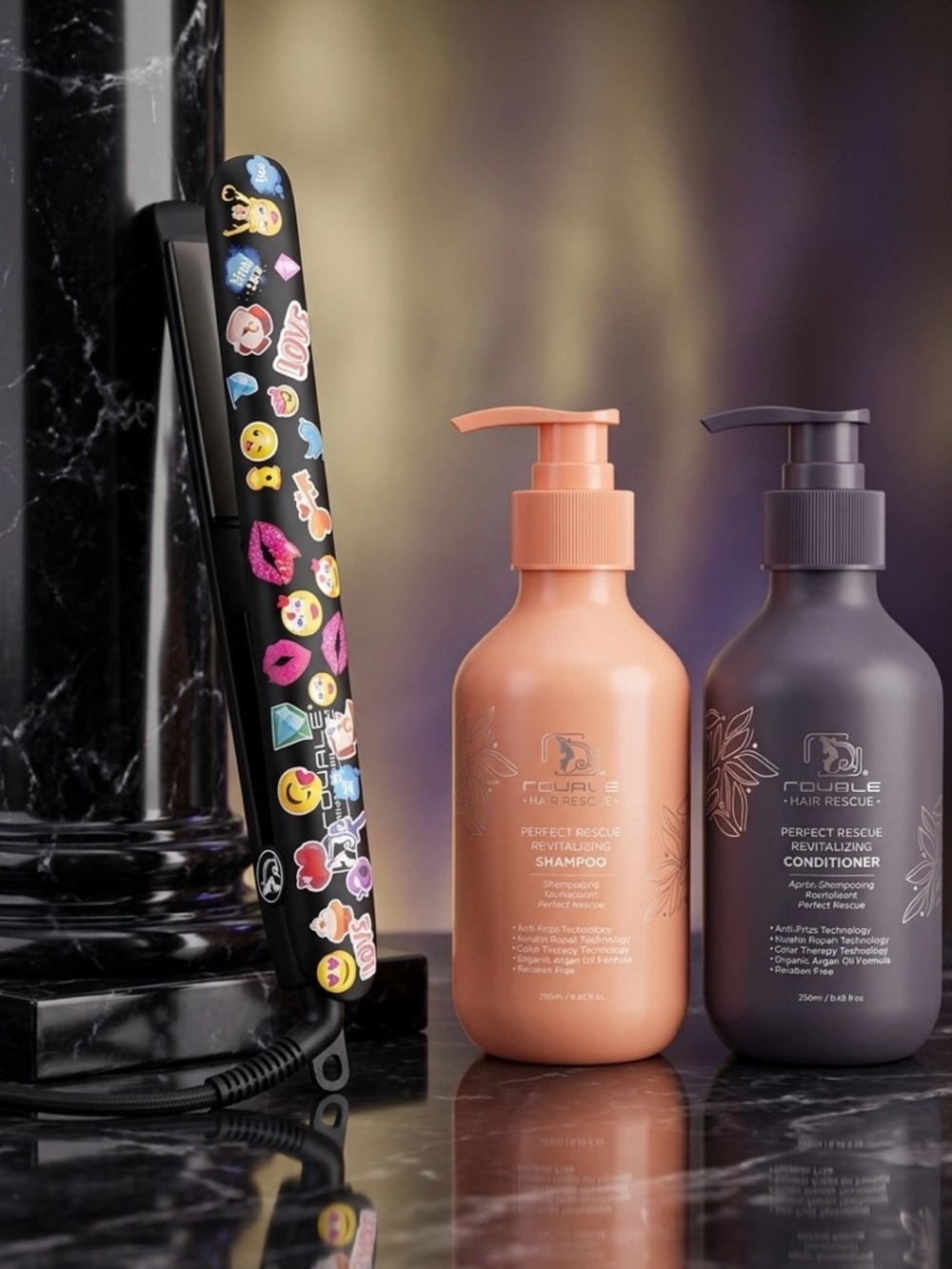 Emoji Royal Genius Flat Iron + Royale Hair Rescue Shampoo & Conditioner Set 😘